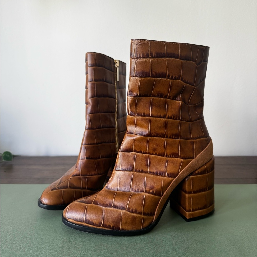 Dear Frances Spirit Boot Brown Croc Print Leather Block Heel Size 37